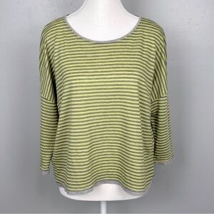 Eileen Fisher 100% linen boxy yellow blue striped drop sleeve top, size small.